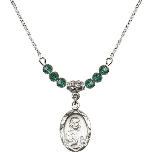 Sterling Silver Saint Jude Birthstone Necklace with Emerald Beads - 0612