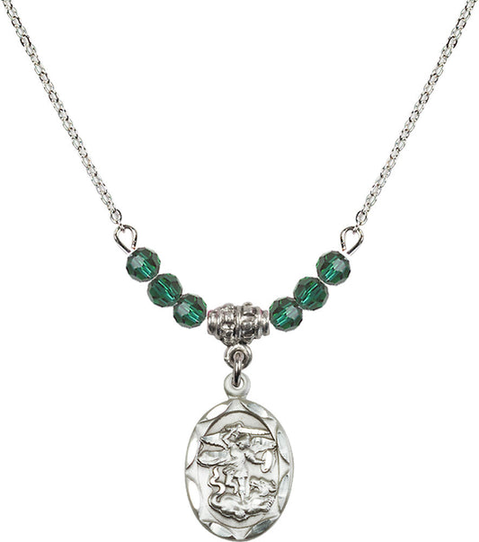 Sterling Silver Saint Michael the Archangel Birthstone Necklace with Emerald Beads - 0612