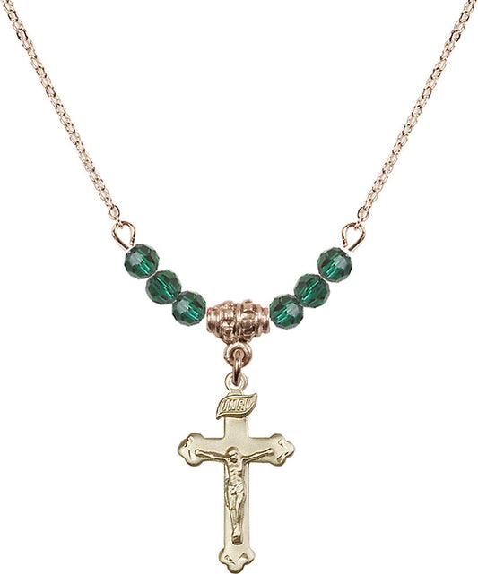 14kt Gold Filled Crucifix Birthstone Necklace with Emerald Beads - 0669