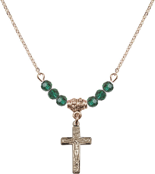 14kt Gold Filled Crucifix Birthstone Necklace with Emerald Beads - 0672