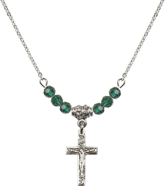 Sterling Silver Crucifix Birthstone Necklace with Emerald Beads - 0672