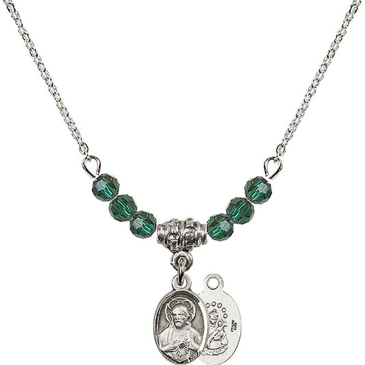 Sterling Silver Scapular Birthstone Necklace with Emerald Beads - 0702