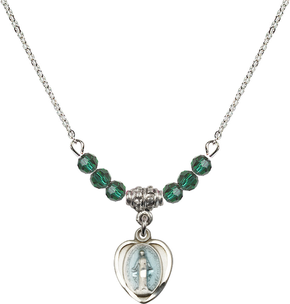 Sterling Silver Miraculous Birthstone Necklace with Emerald Beads - 0706