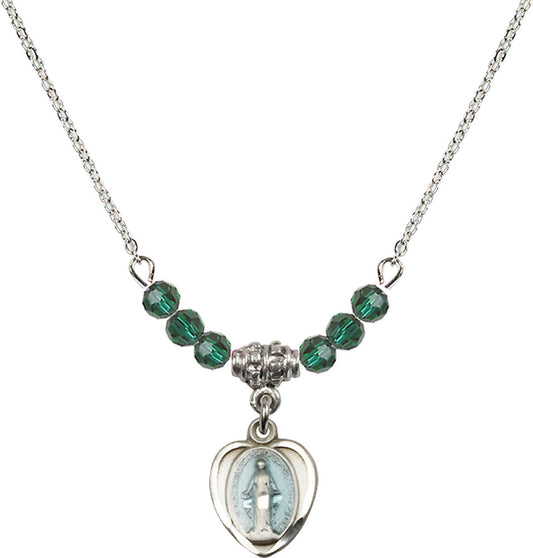 Sterling Silver Miraculous Birthstone Necklace with Emerald Beads - 0706