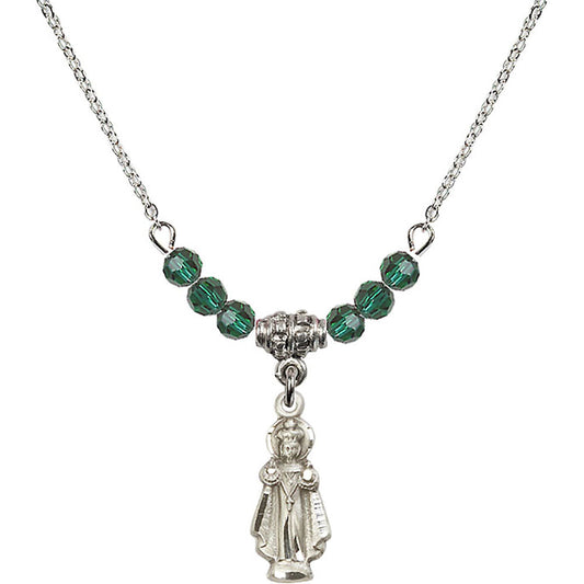 Sterling Silver Infant of Prague Birthstone Necklace with Emerald Beads - 0823