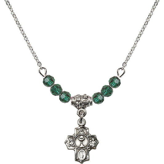 Sterling Silver Communion 5-Way Birthstone Necklace with Emerald Beads - 0890
