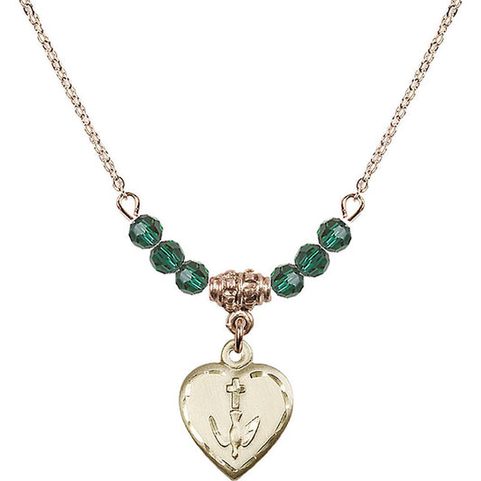 14kt Gold Filled Heart / Confirmation Birthstone Necklace with Emerald Beads - 0891