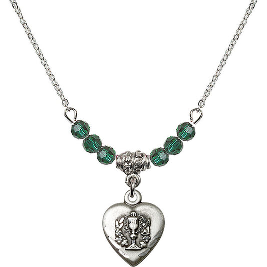 Sterling Silver Heart / Communion Birthstone Necklace with Emerald Beads - 0892
