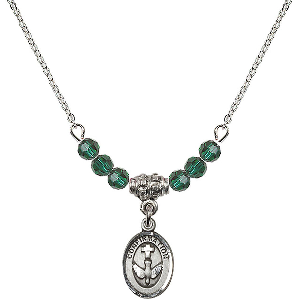 Sterling Silver Confirmation Birthstone Necklace with Emerald Beads - 0973