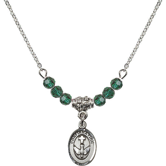 Sterling Silver Confirmation Birthstone Necklace with Emerald Beads - 0973