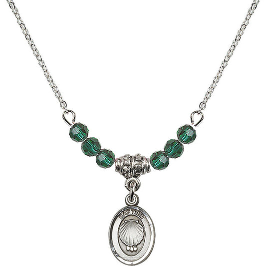 Sterling Silver Baptism Birthstone Necklace with Emerald Beads - 0974