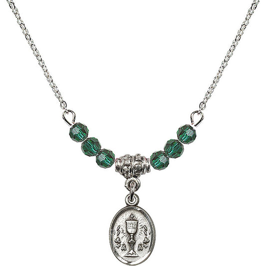 Sterling Silver Chalice Birthstone Necklace with Emerald Beads - 0975