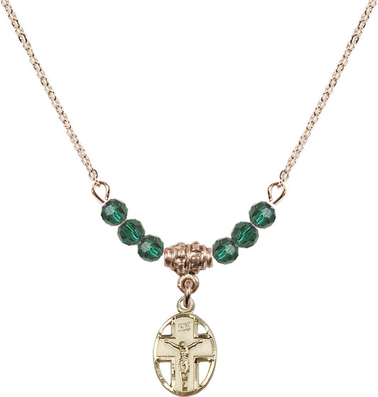 14kt Gold Filled Crucifix Birthstone Necklace with Emerald Beads - 0978