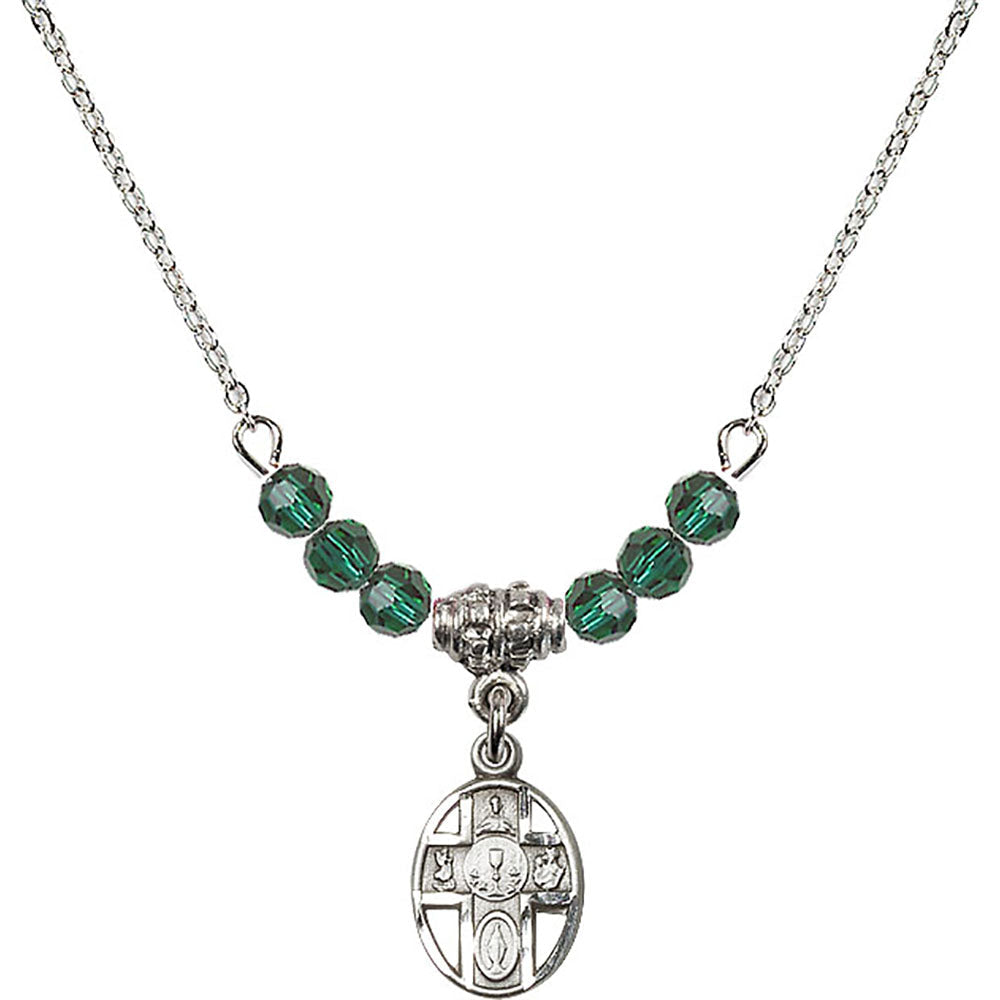Sterling Silver 5-Way / Chalice Birthstone Necklace with Emerald Beads - 0979