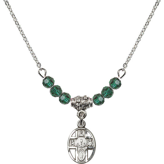 Sterling Silver 5-Way / Chalice Birthstone Necklace with Emerald Beads - 0979