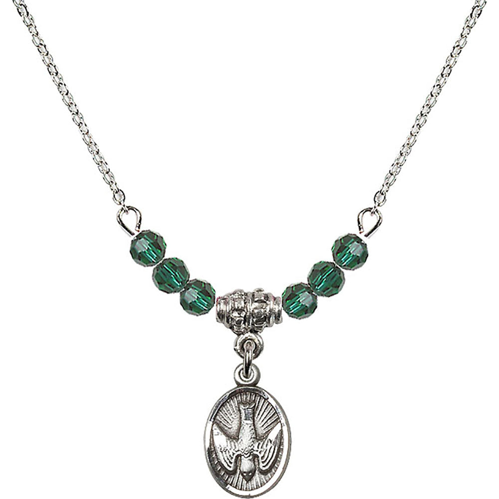 Sterling Silver Holy Spirit Birthstone Necklace with Emerald Beads - 0982