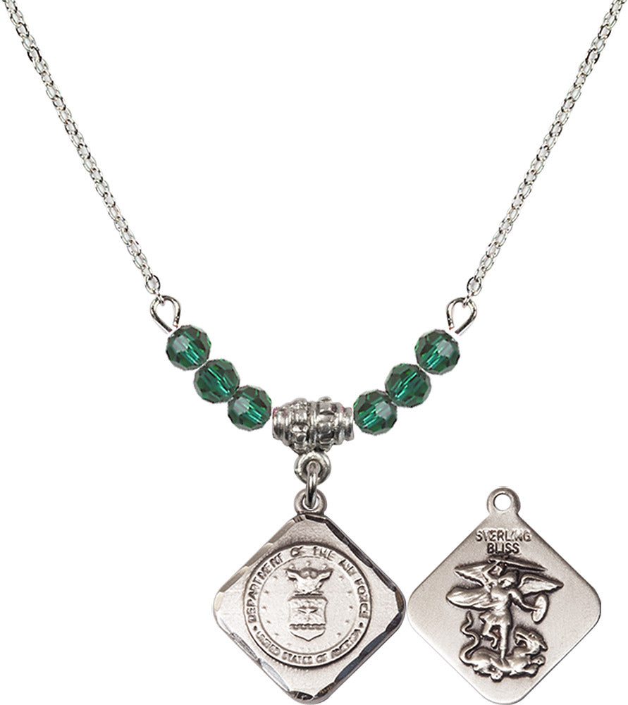 Sterling Silver Air Force Diamond Birthstone Necklace with Emerald Beads - 1180