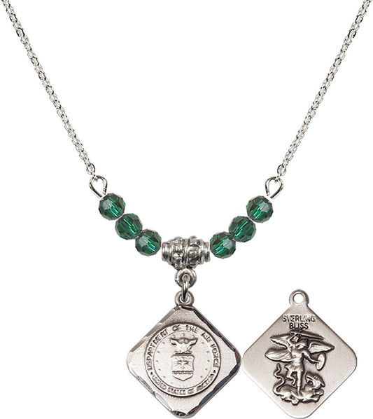 Sterling Silver Air Force Diamond Birthstone Necklace with Emerald Beads - 1180