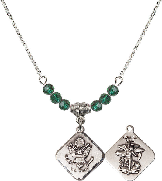 Sterling Silver Army Diamond Birthstone Necklace with Emerald Beads - 1180