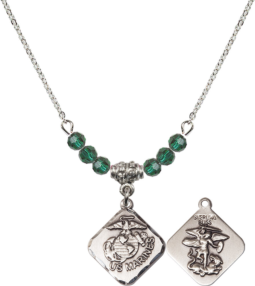 Sterling Silver Marines Diamond Birthstone Necklace with Emerald Beads - 1180