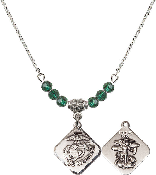 Sterling Silver Marines Diamond Birthstone Necklace with Emerald Beads - 1180