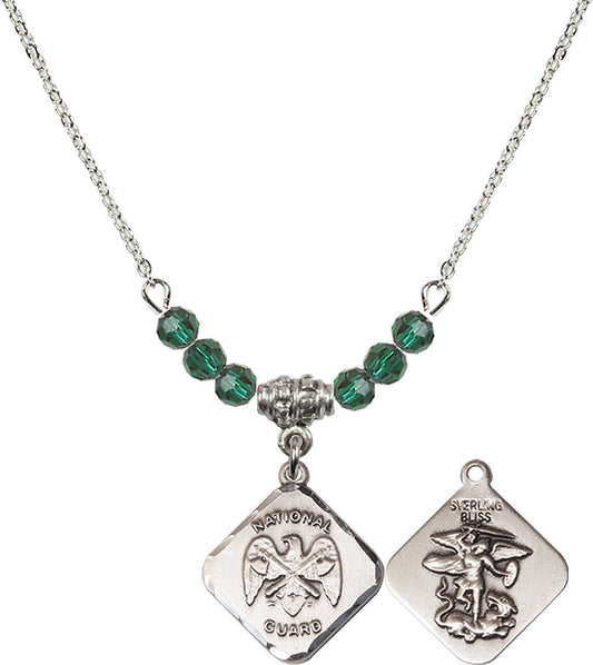 Sterling Silver Nat'l Guard Diamond Birthstone Necklace with Emerald Beads - 1180