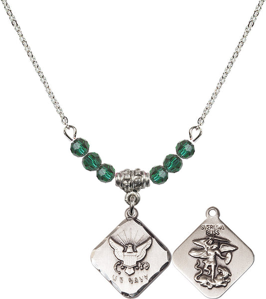 Sterling Silver Navy Diamond Birthstone Necklace with Emerald Beads - 1180