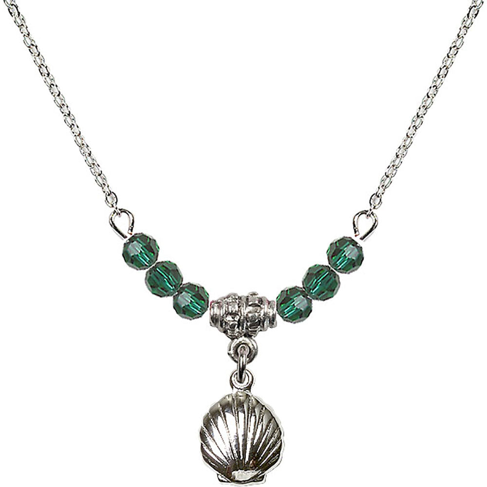Sterling Silver Shell Birthstone Necklace with Emerald Beads - 1260