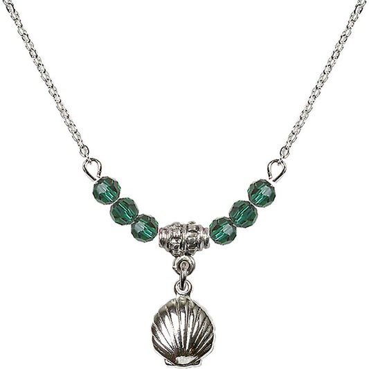 Sterling Silver Shell Birthstone Necklace with Emerald Beads - 1260