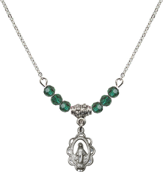 Sterling Silver Miraculous Birthstone Necklace with Emerald Beads - 1610