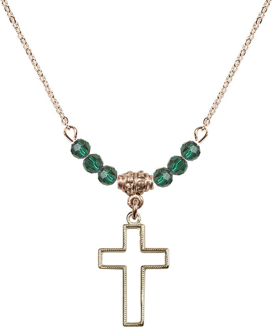 14kt Gold Filled Cross Birthstone Necklace with Emerald Beads - 1708