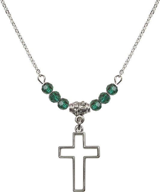 Sterling Silver Cross Birthstone Necklace with Emerald Beads - 1708