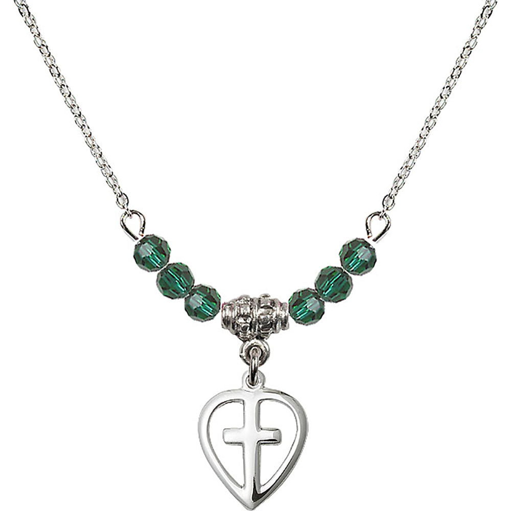 Sterling Silver Heart / Cross Birthstone Necklace with Emerald Beads - 1709