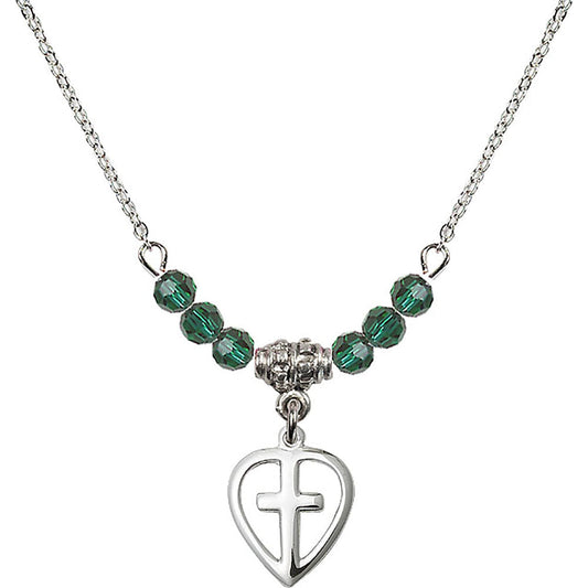 Sterling Silver Heart / Cross Birthstone Necklace with Emerald Beads - 1709