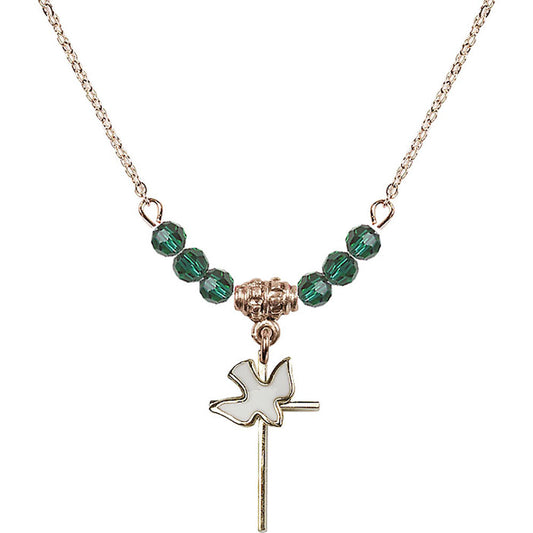 14kt Gold Filled Cross / Holy Spirit Birthstone Necklace with Emerald Beads - 1812