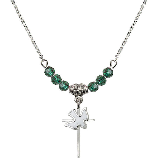 Sterling Silver Cross / Holy Spirit Birthstone Necklace with Emerald Beads - 1812