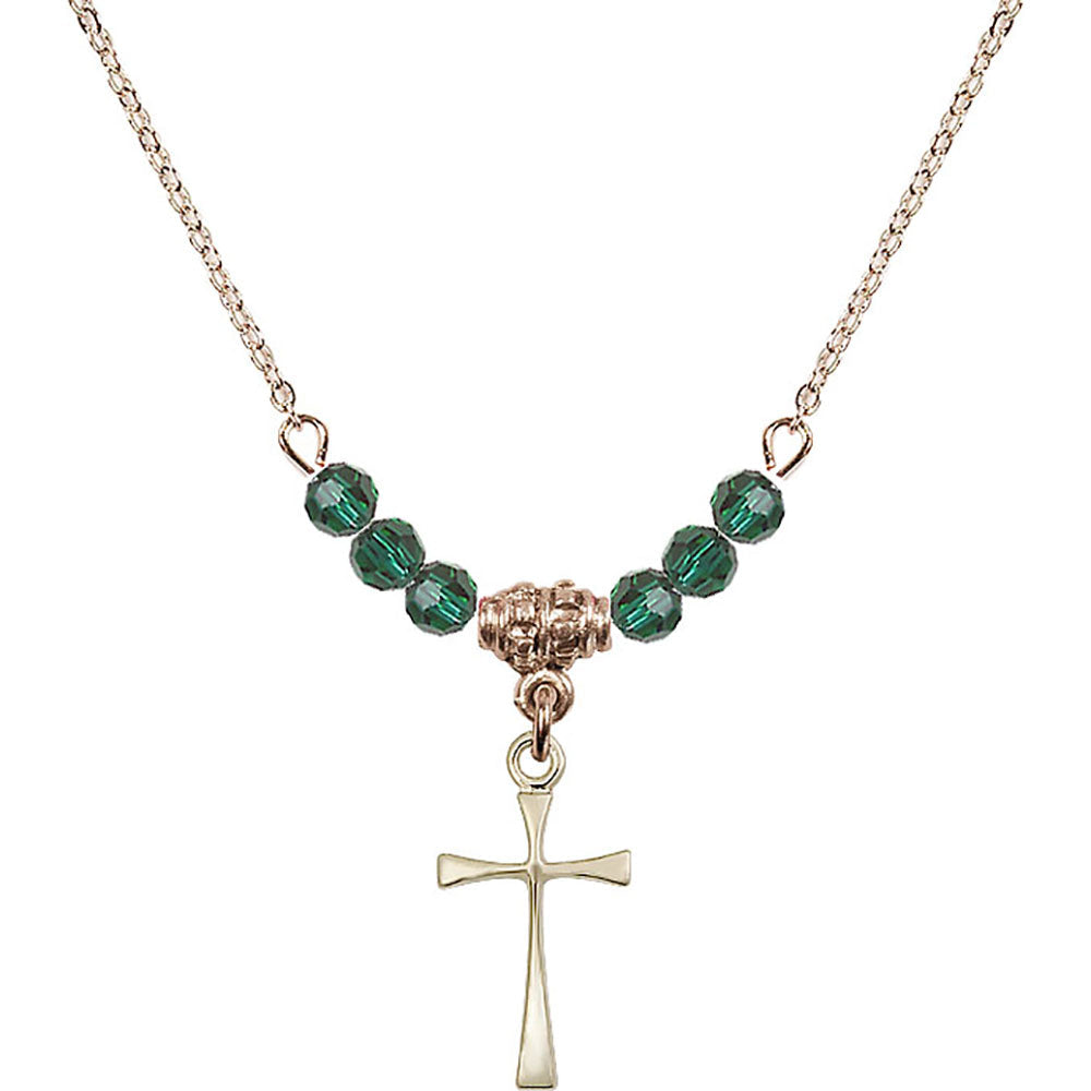 14kt Gold Filled Maltese Cross Birthstone Necklace with Emerald Beads - 1872