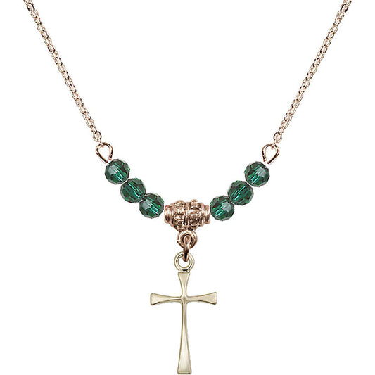 14kt Gold Filled Maltese Cross Birthstone Necklace with Emerald Beads - 1872
