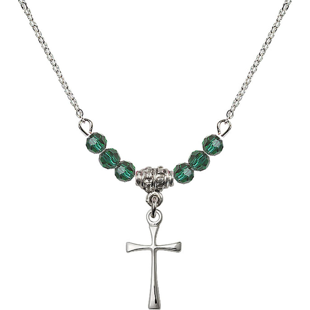 Sterling Silver Maltese Cross Birthstone Necklace with Emerald Beads - 1872