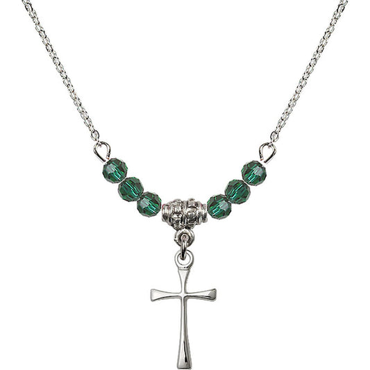 Sterling Silver Maltese Cross Birthstone Necklace with Emerald Beads - 1872