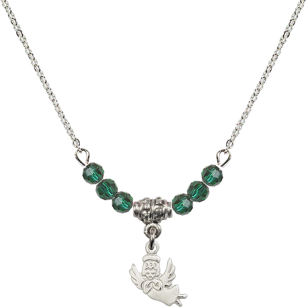 Sterling Silver Guardian Angel Birthstone Necklace with Emerald Beads - 2128
