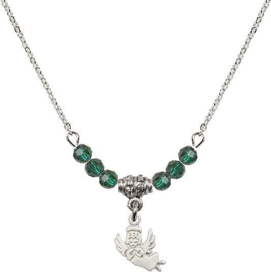 Sterling Silver Guardian Angel Birthstone Necklace with Emerald Beads - 2128