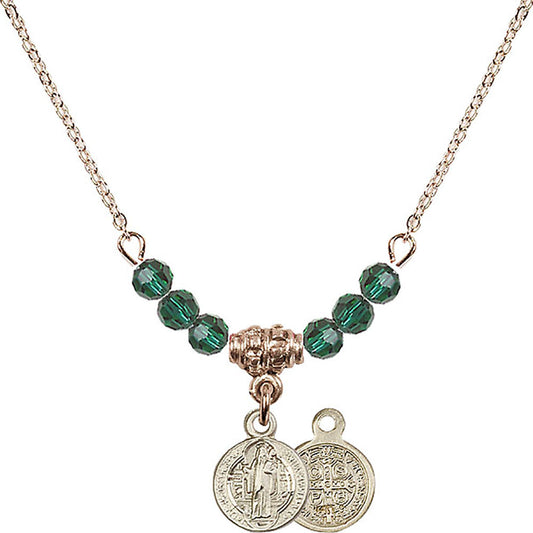 14kt Gold Filled Saint Benedict Birthstone Necklace with Emerald Beads - 2341
