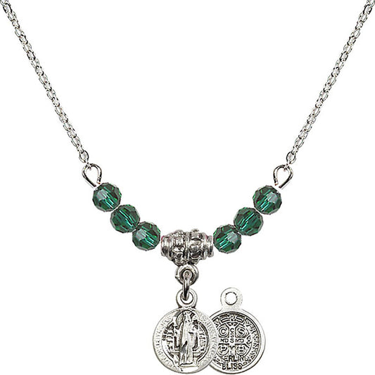 Sterling Silver Saint Benedict Birthstone Necklace with Emerald Beads - 2341