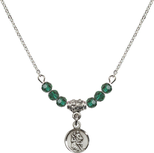 Sterling Silver Saint Christopher Birthstone Necklace with Emerald Beads - 2343