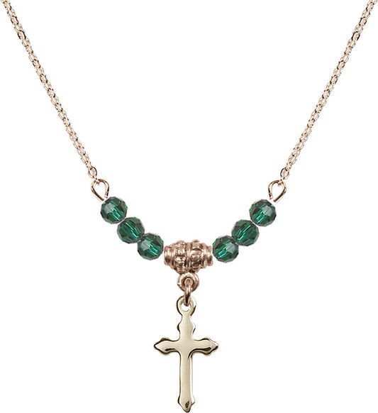 14kt Gold Filled Cross Birthstone Necklace with Emerald Beads - 2528