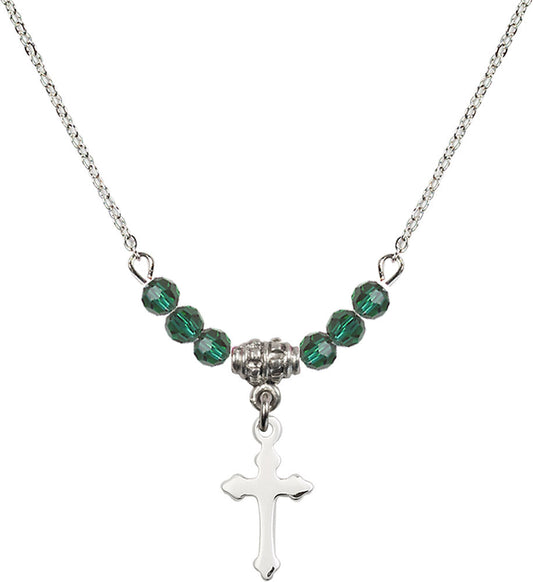 Sterling Silver Cross Birthstone Necklace with Emerald Beads - 2528