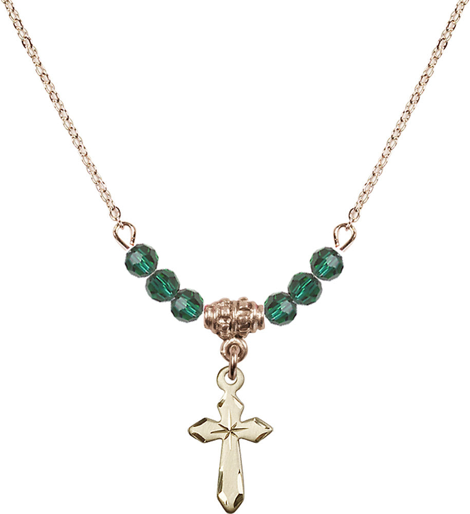 14kt Gold Filled Cross Birthstone Necklace with Emerald Beads - 2529