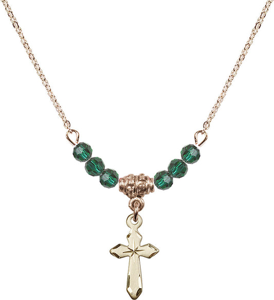 14kt Gold Filled Cross Birthstone Necklace with Emerald Beads - 2529