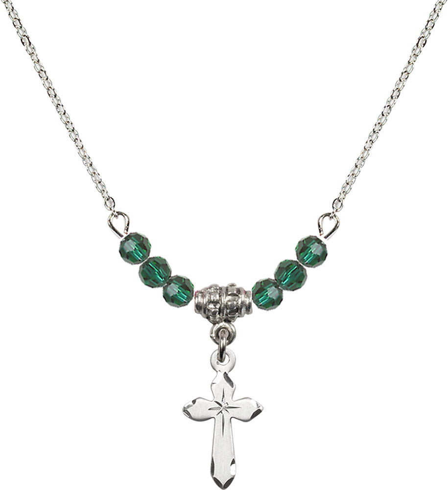 Sterling Silver Cross Birthstone Necklace with Emerald Beads - 2529